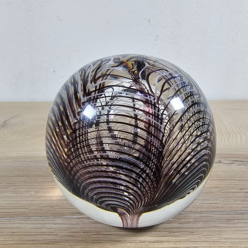 Glass Paperweight Abstract Swirls Black White Clear Round Decorative 2.5" - Picture 6 of 8